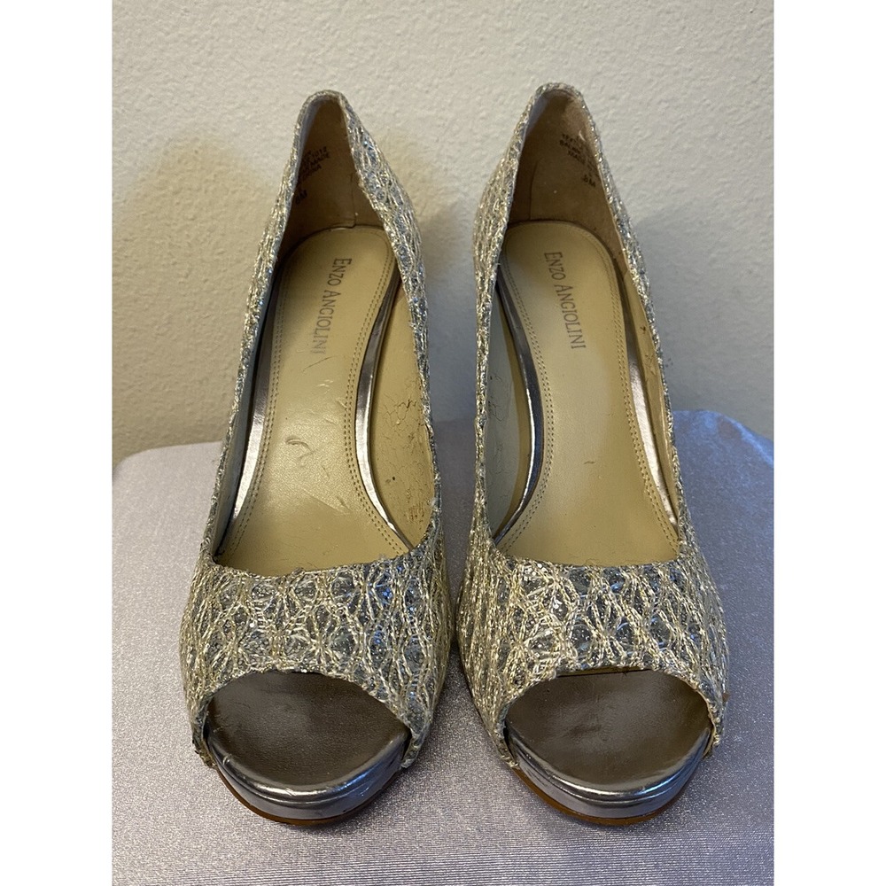Enzo Angiolini 8 Silver Sparkle Open Toe Shoes Heels Dressy Wedding Holiday Used